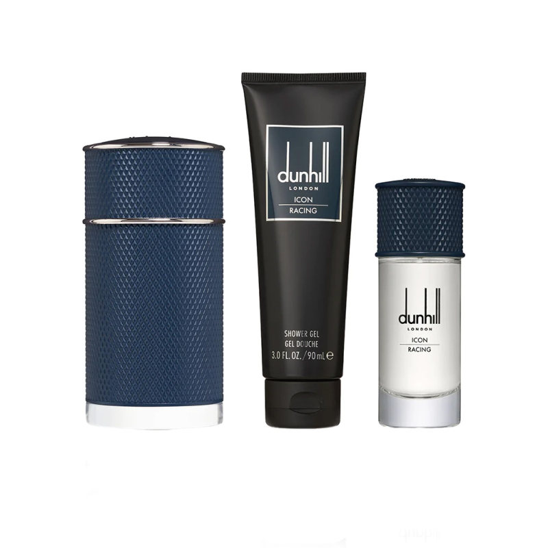 ست ادوپرفیوم مردانه دانهیل مدل Icon Racing Blue به همراه شامپو بدن و عطر جیبی
