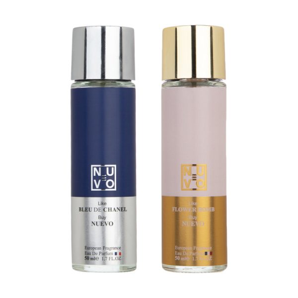 ادو پرفیوم مردانه نوئوو مدل BLUE DE CHANEL و ادو پرفیوم زنانه FLOWER BOMB حجم 50 میلی لیتر مجموعه 2 عددی